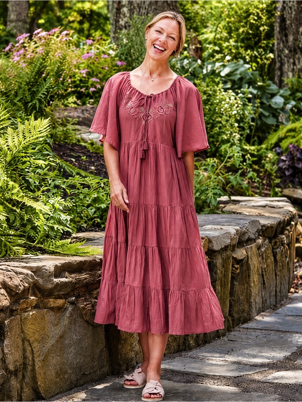 NWT April Cornell Muse Dress in Wine Red Floral Midi Tie Back Tiered Size Medium